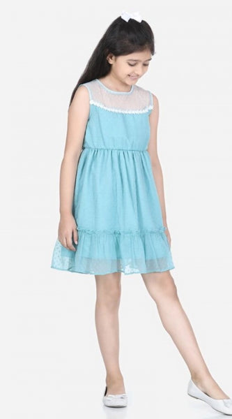 Mayawye Girl's Polyester Dobby Floral Printed Sleeveless Round Neck Dress (Blue)