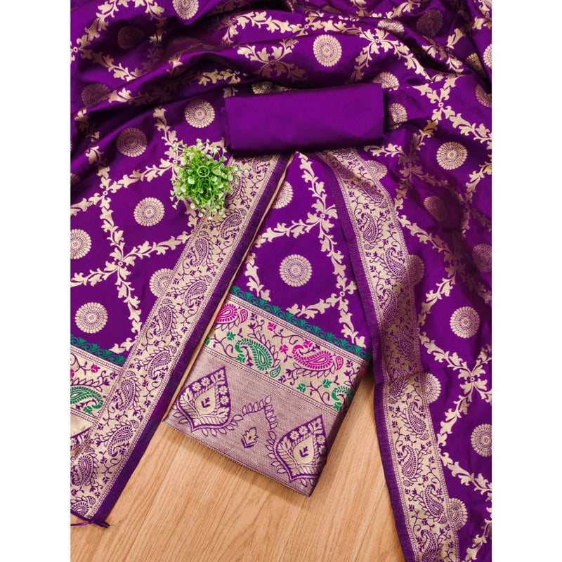 Mayawye Women's Banarasi Silk Printed Unstitched Salwar Suit Material With Dupatta (Purple, 3Mtrs)
