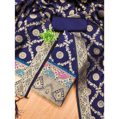 Mayawye Women's Banarasi Silk Printed Unstitched Salwar Suit Material With Dupatta (Navy Blue, 3Mtrs)