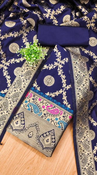 Mayawye Women's Banarasi Silk Printed Unstitched Salwar Suit Material With Dupatta (Navy Blue, 3Mtrs)