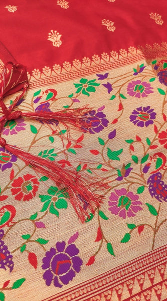 Mayawye Women's Banarasi Silk Printed Unstitched Salwar Suit Material With Dupatta (Red, 3Mtrs)