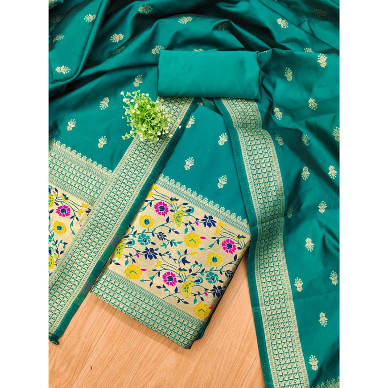 Mayawye Women's Banarasi Silk Printed Unstitched Salwar Suit Material With Dupatta (Rama, 3Mtrs)