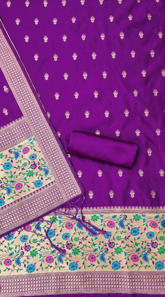 Mayawye Women's Banarasi Silk Printed Unstitched Salwar Suit Material With Dupatta (Purple, 3Mtrs)