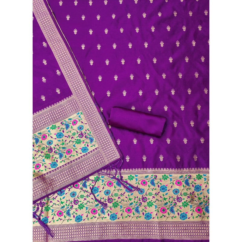 Mayawye Women's Banarasi Silk Printed Unstitched Salwar Suit Material With Dupatta (Purple, 3Mtrs)