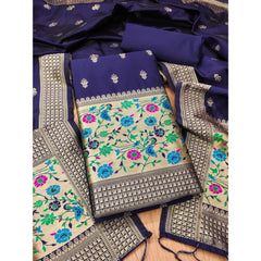 Mayawye Women's Banarasi Silk Printed Unstitched Salwar Suit Material With Dupatta (Navy Blue, 3Mtrs)