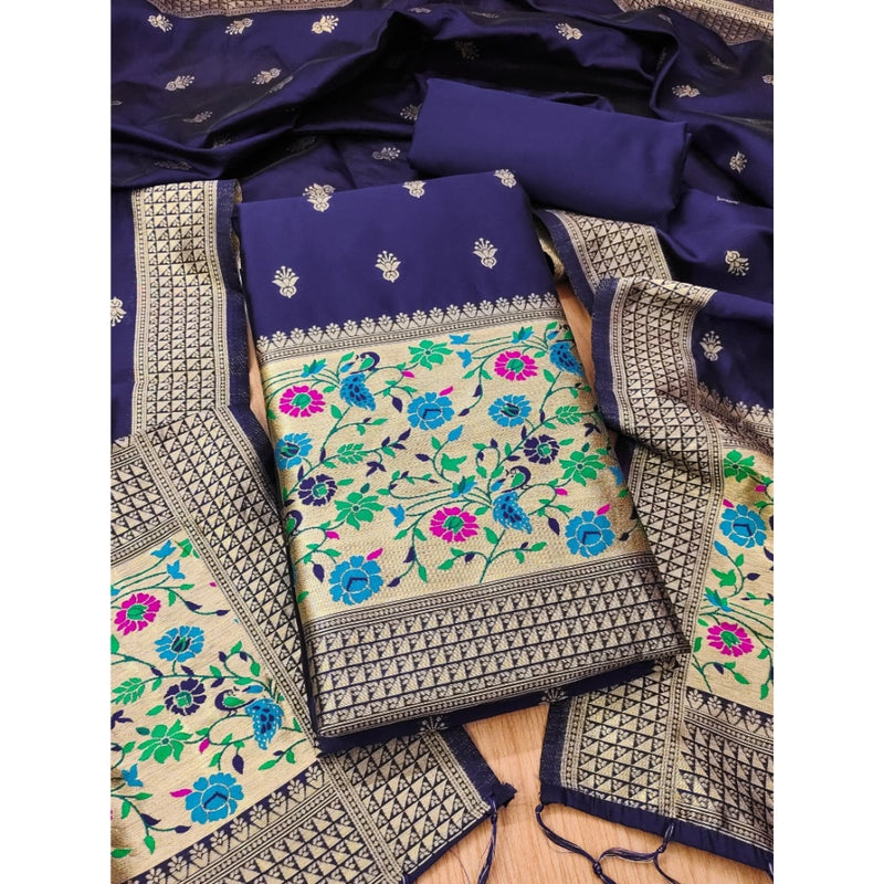 Mayawye Women's Banarasi Silk Printed Unstitched Salwar Suit Material With Dupatta (Navy Blue, 3Mtrs)