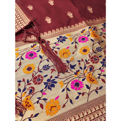 Mayawye Women's Banarasi Silk Printed Unstitched Salwar Suit Material With Dupatta (Maroon, 3Mtrs)