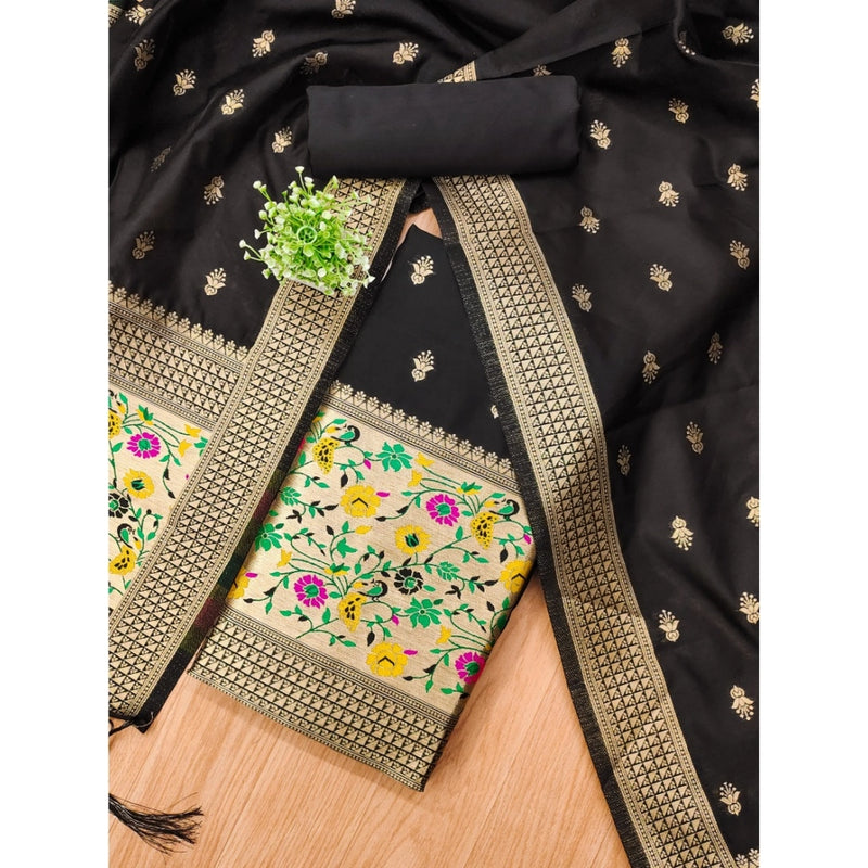 Mayawye Women's Banarasi Silk Printed Unstitched Salwar Suit Material With Dupatta (Black, 3Mtrs)