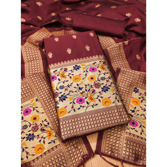Mayawye Women's Banarasi Silk Printed Unstitched Salwar Suit Material With Dupatta (Maroon, 3Mtrs)