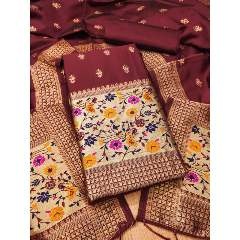 Mayawye Women's Banarasi Silk Printed Unstitched Salwar Suit Material With Dupatta (Maroon, 3Mtrs)