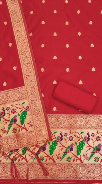 Mayawye Women's Banarasi Silk Printed Unstitched Salwar Suit Material With Dupatta (Red, 3Mtrs)