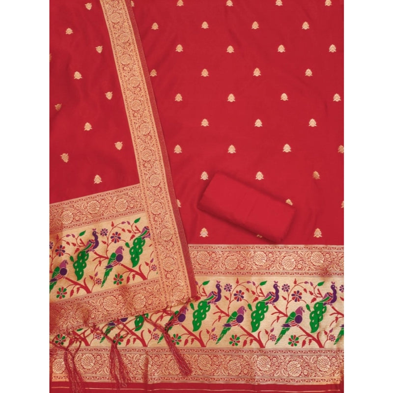 Mayawye Women's Banarasi Silk Printed Unstitched Salwar Suit Material With Dupatta (Red, 3Mtrs)