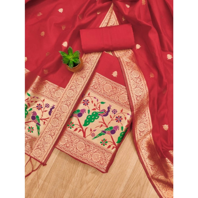 Mayawye Women's Banarasi Silk Printed Unstitched Salwar Suit Material With Dupatta (Red, 3Mtrs)