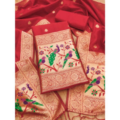 Mayawye Women's Banarasi Silk Printed Unstitched Salwar Suit Material With Dupatta (Red, 3Mtrs)