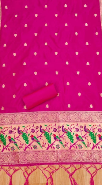 Mayawye Women's Banarasi Silk Printed Unstitched Salwar Suit Material With Dupatta (Pink, 3Mtrs)