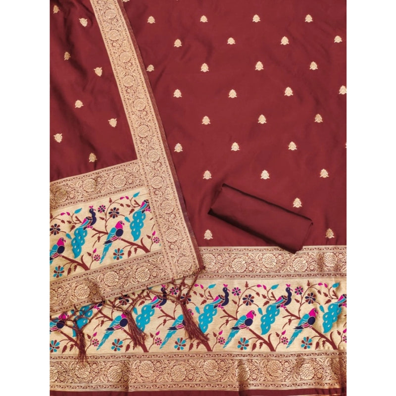 Mayawye Women's Banarasi Silk Printed Unstitched Salwar Suit Material With Dupatta (Maroon, 3Mtrs)