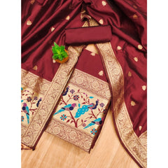 Mayawye Women's Banarasi Silk Printed Unstitched Salwar Suit Material With Dupatta (Maroon, 3Mtrs)