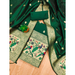 Mayawye Women's Banarasi Silk Printed Unstitched Salwar Suit Material With Dupatta (Bottle Green, 3Mtrs)