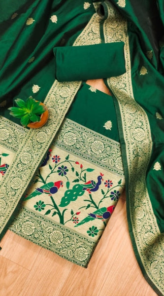 Mayawye Women's Banarasi Silk Printed Unstitched Salwar Suit Material With Dupatta (Bottle Green, 3Mtrs)