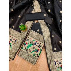 Mayawye Women's Banarasi Silk Printed Unstitched Salwar Suit Material With Dupatta (Black, 3Mtrs)