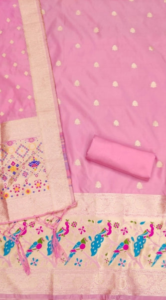 Mayawye Women's Banarasi Silk Printed Unstitched Salwar Suit Material With Dupatta (Light Pink, 3Mtrs)