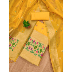 Mayawye Women's Banarasi Silk Printed Unstitched Salwar Suit Material With Dupatta (Yellow, 3Mtrs)