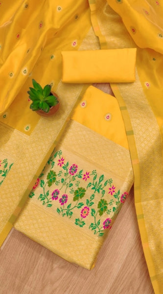 Mayawye Women's Banarasi Silk Printed Unstitched Salwar Suit Material With Dupatta (Yellow, 3Mtrs)