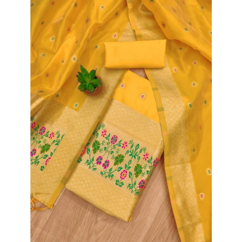 Mayawye Women's Banarasi Silk Printed Unstitched Salwar Suit Material With Dupatta (Yellow, 3Mtrs)