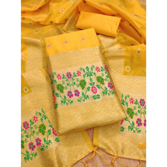 Mayawye Women's Banarasi Silk Printed Unstitched Salwar Suit Material With Dupatta (Yellow, 3Mtrs)