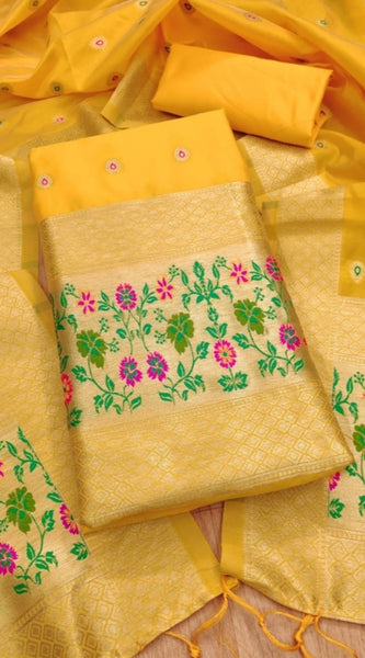 Mayawye Women's Banarasi Silk Printed Unstitched Salwar Suit Material With Dupatta (Yellow, 3Mtrs)