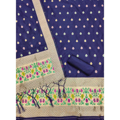 Mayawye Women's Banarasi Silk Printed Unstitched Salwar Suit Material With Dupatta (Navy Blue, 3Mtrs)