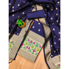 Mayawye Women's Banarasi Silk Printed Unstitched Salwar Suit Material With Dupatta (Navy Blue, 3Mtrs)