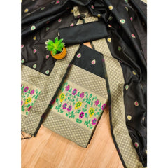 Mayawye Women's Banarasi Silk Printed Unstitched Salwar Suit Material With Dupatta (Black, 3Mtrs)