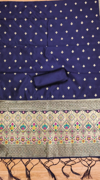 Mayawye Women's Banarasi Silk Printed Unstitched Salwar Suit Material With Dupatta (Navy Blue, 3Mtrs)