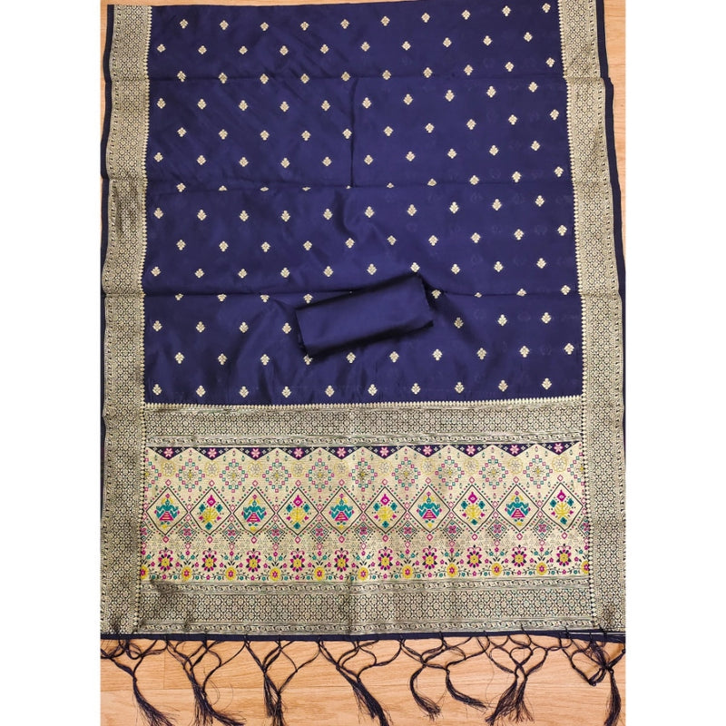 Mayawye Women's Banarasi Silk Printed Unstitched Salwar Suit Material With Dupatta (Navy Blue, 3Mtrs)