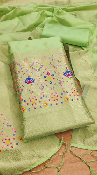 Mayawye Women's Banarasi Silk Printed Unstitched Salwar Suit Material With Dupatta (Pista, 3Mtrs)