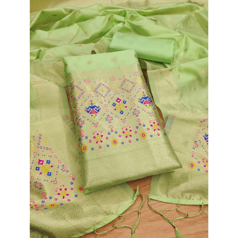 Mayawye Women's Banarasi Silk Printed Unstitched Salwar Suit Material With Dupatta (Pista, 3Mtrs)