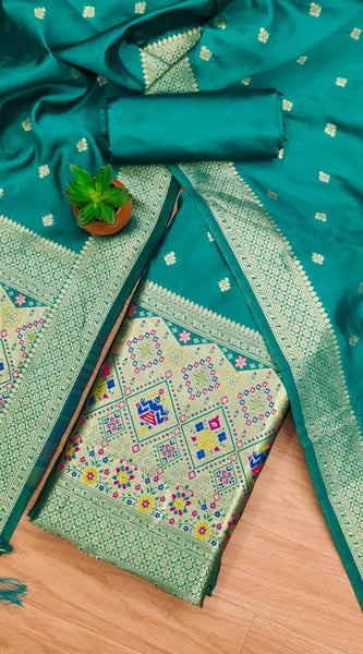 Mayawye Women's Banarasi Silk Printed Unstitched Salwar Suit Material With Dupatta (Rama, 3Mtrs)