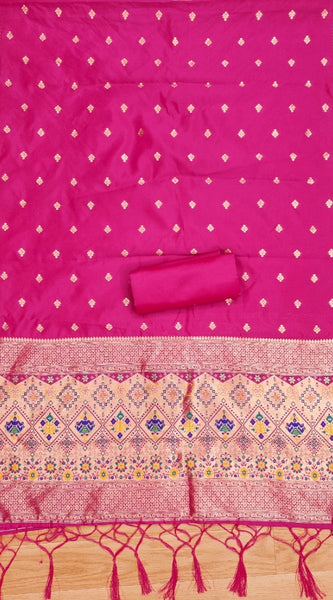 Mayawye Women's Banarasi Silk Printed Unstitched Salwar Suit Material With Dupatta (Pink, 3Mtrs)