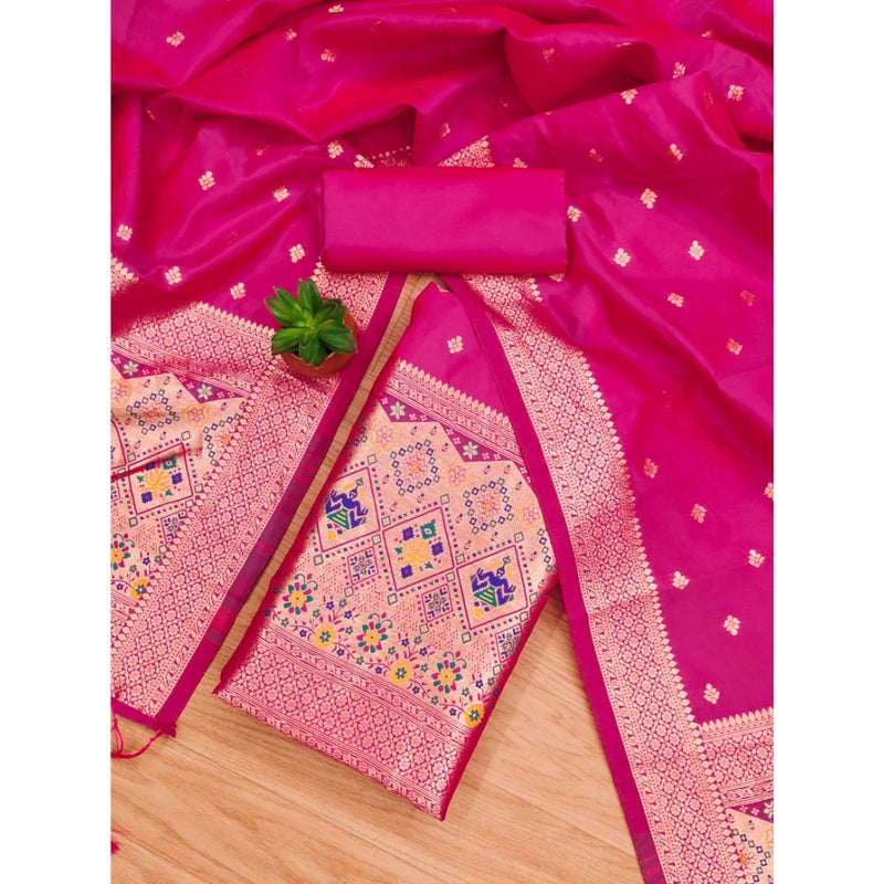 Mayawye Women's Banarasi Silk Printed Unstitched Salwar Suit Material With Dupatta (Pink, 3Mtrs)
