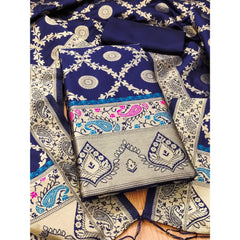 Mayawye Women's Banarasi Silk Printed Unstitched Salwar Suit Material With Dupatta (Navy Blue, 3Mtrs)