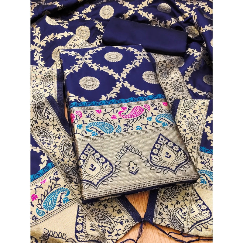 Mayawye Women's Banarasi Silk Printed Unstitched Salwar Suit Material With Dupatta (Navy Blue, 3Mtrs)