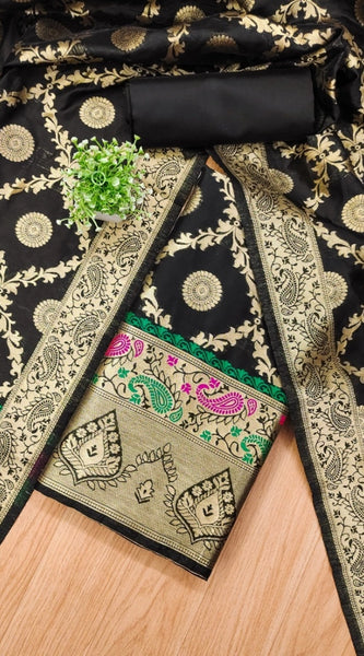 Mayawye Women's Banarasi Silk Printed Unstitched Salwar Suit Material With Dupatta (Black, 3Mtrs)