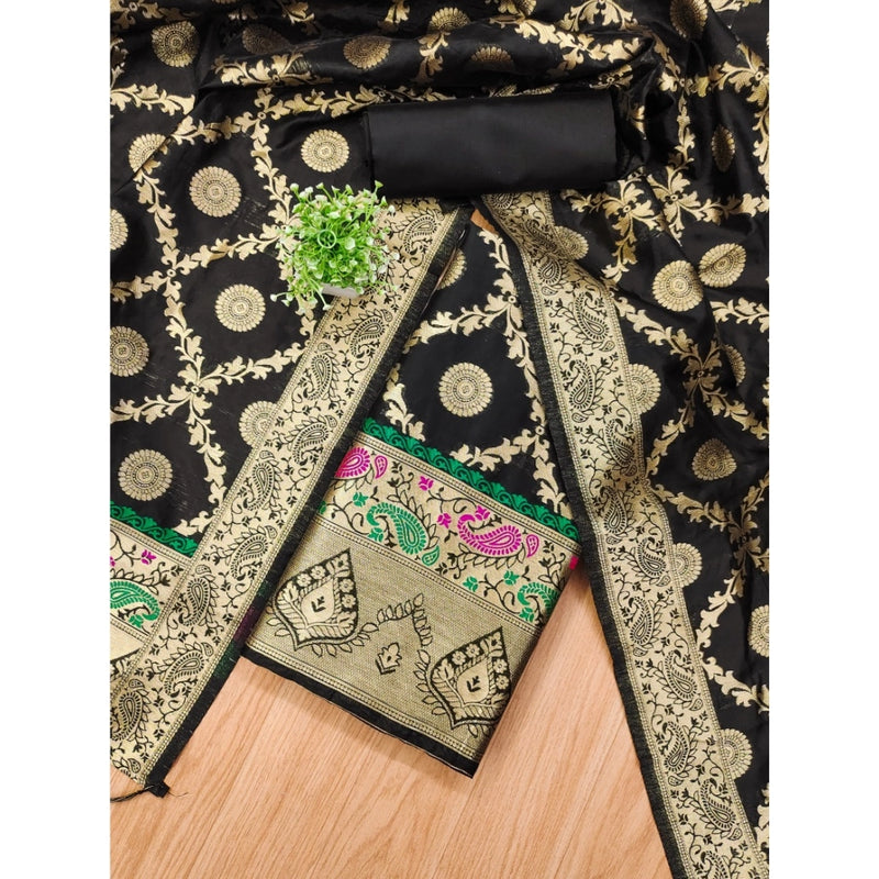 Mayawye Women's Banarasi Silk Printed Unstitched Salwar Suit Material With Dupatta (Black, 3Mtrs)
