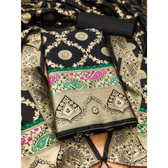 Mayawye Women's Banarasi Silk Printed Unstitched Salwar Suit Material With Dupatta (Black, 3Mtrs)