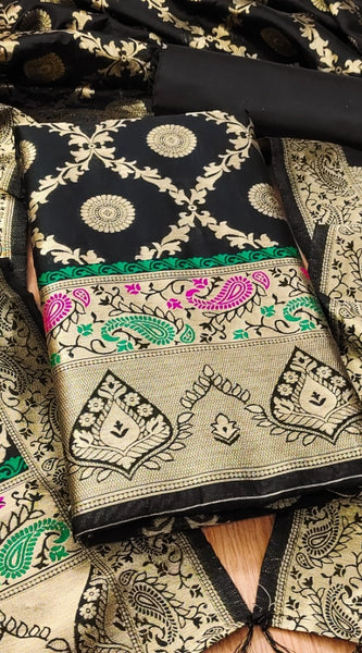 Mayawye Women's Banarasi Silk Printed Unstitched Salwar Suit Material With Dupatta (Black, 3Mtrs)