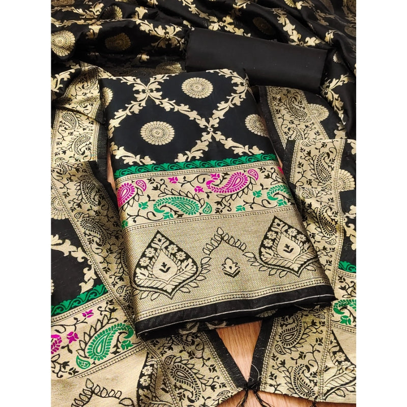 Mayawye Women's Banarasi Silk Printed Unstitched Salwar Suit Material With Dupatta (Black, 3Mtrs)
