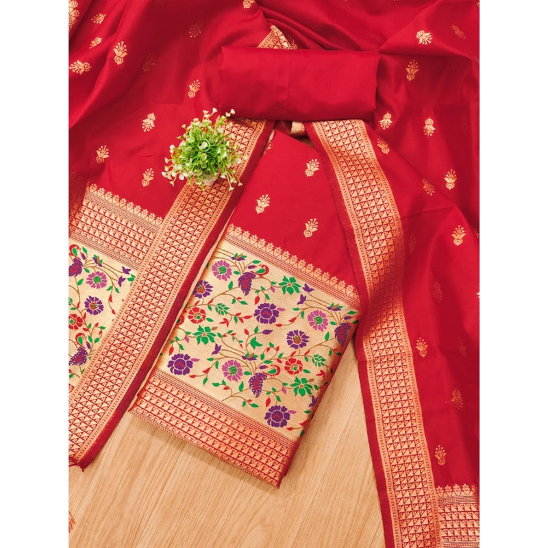 Mayawye Women's Banarasi Silk Printed Unstitched Salwar Suit Material With Dupatta (Red, 3Mtrs)
