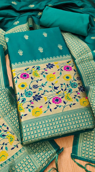 Mayawye Women's Banarasi Silk Printed Unstitched Salwar Suit Material With Dupatta (Rama, 3Mtrs)