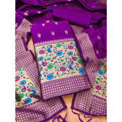 Mayawye Women's Banarasi Silk Printed Unstitched Salwar Suit Material With Dupatta (Purple, 3Mtrs)